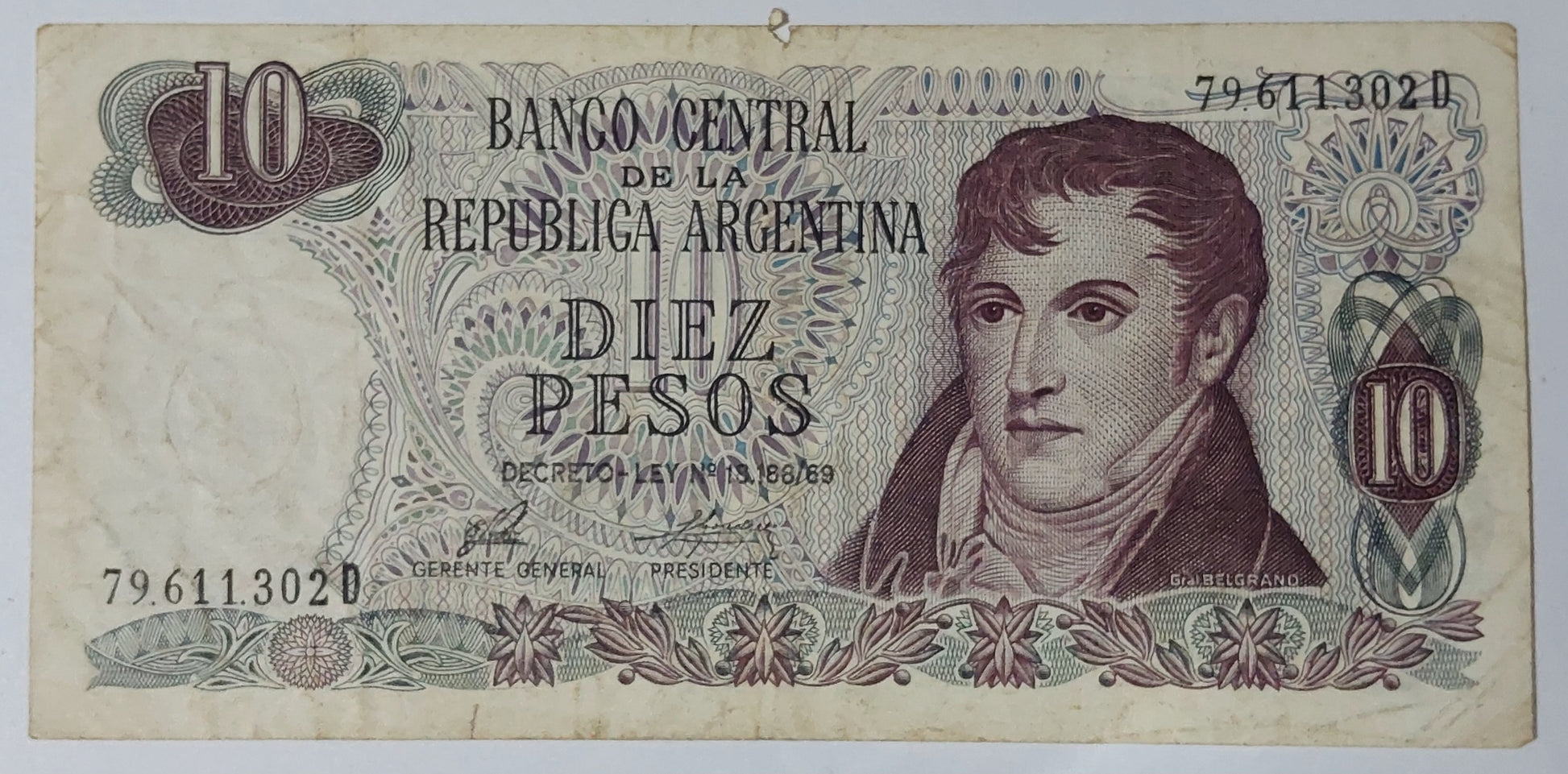 Argentina 10 Pesos 1976 P295 Used note ending serial no:302 - ZealHobbieZ