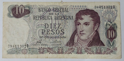 Argentina 10 Pesos 1976 P295 Used note ending serial no:302 - ZealHobbieZ