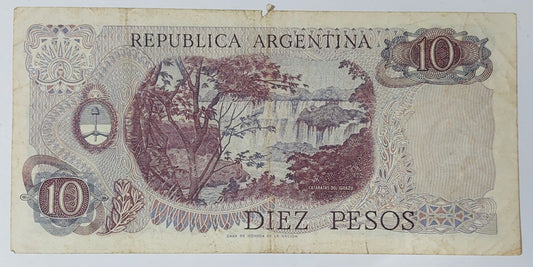 Argentina 10 Pesos 1976 P295 Used note ending serial no:302 - ZealHobbieZ
