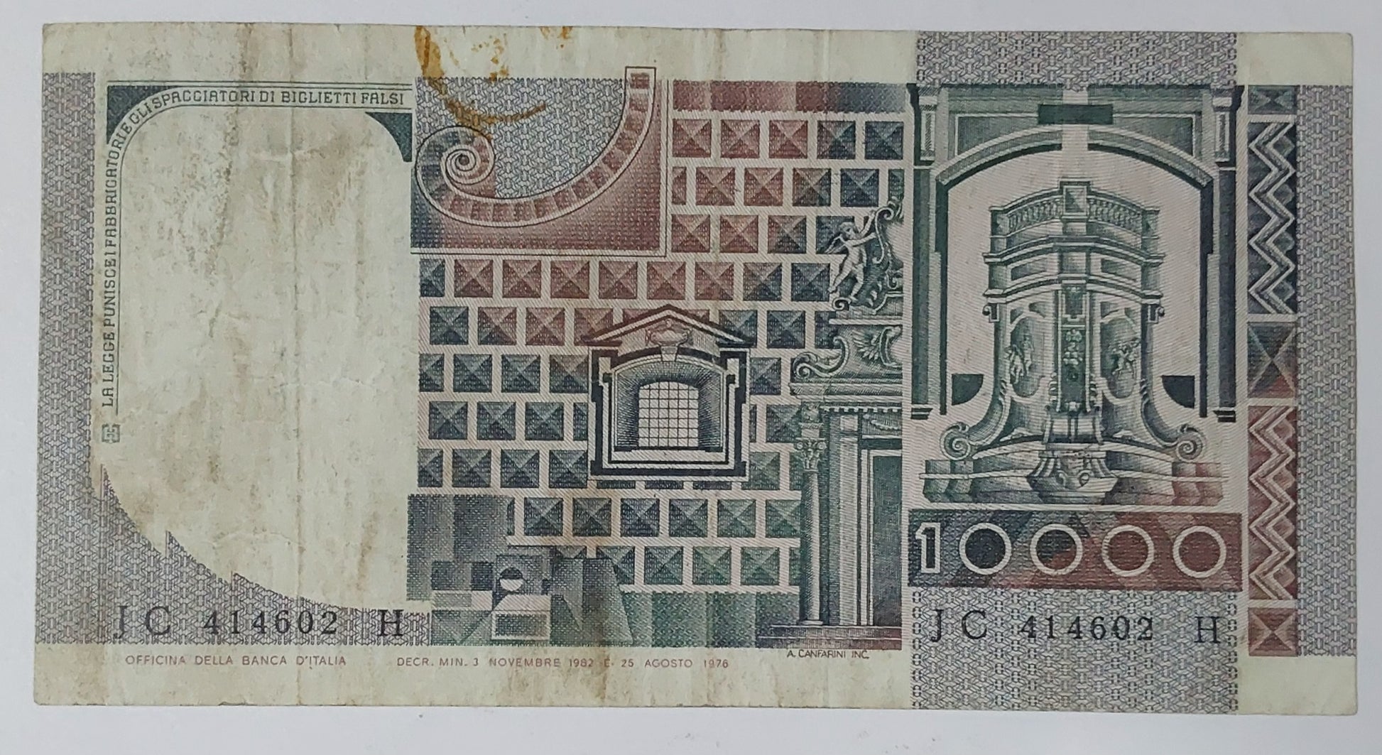 Italy 10000 Lira 1982 P106 Used note ending serial no: 602 - ZealHobbieZ