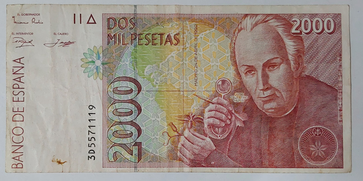 Spain 2000 Pesatas 1992 P162 Used note ending serial no:119 - ZealHobbieZ