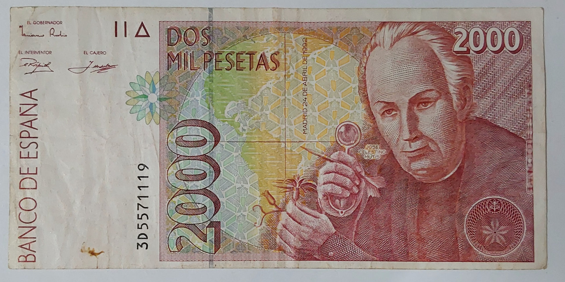 Spain 2000 Pesatas 1992 P162 Used note ending serial no:119 - ZealHobbieZ