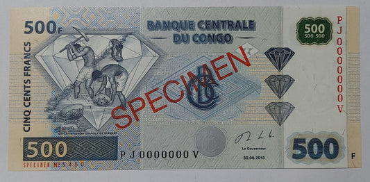 Congo 500 Francs 2013 UNC SPECIMEN - Rare Banknote for Collectors