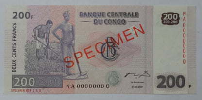 Congo 200 Francs P99 2007 UNC SPECIMEN - Rare Currency Collection
