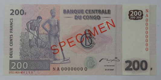 Congo 200 Francs P99 2007 UNC SPECIMEN - Rare Currency Collection