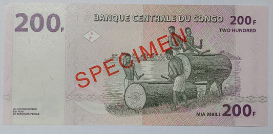 Congo 200 Francs P99 2007 UNC SPECIMEN - Rare Currency Collection