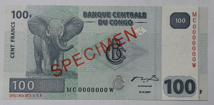 Congo 100 Francs 2007 Specimen - Rare Currency | ZealHobbieZ