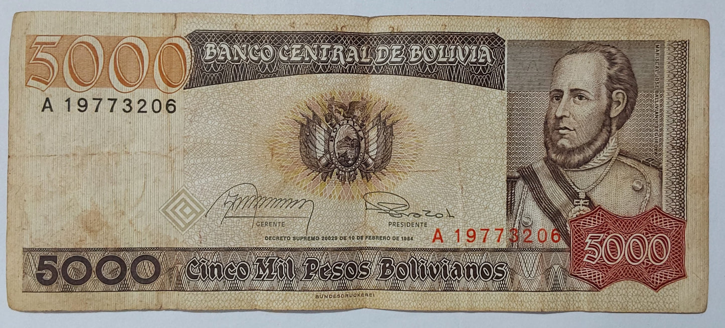 Bolivia 5000 Pesos Bolivianos N6 - Rare Currency Collection