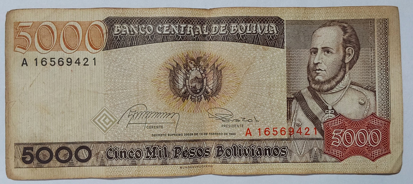 Bolivia 5000 Pesos Bolivianos 1984 P168 Used N3 - ZealHobbieZ