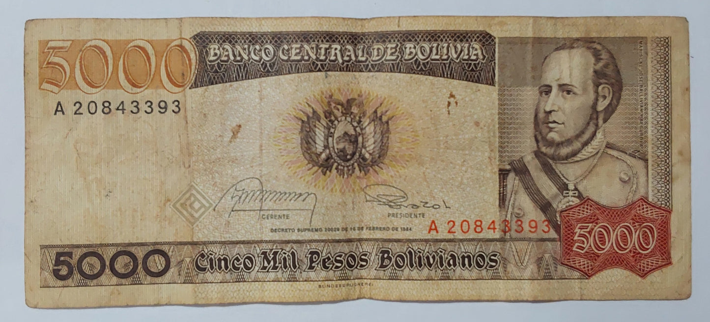 Bolivia 5000 Pesos Bolivianos N5 - Rare Currency Collection