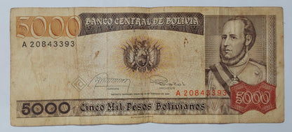 Bolivia 5000 Pesos Bolivianos N5 - Rare Currency Collection