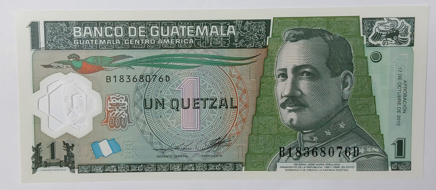 Guatemala 1 Quetzal 2012 P115 UNC Polymer Banknote - ZealhobbieZ