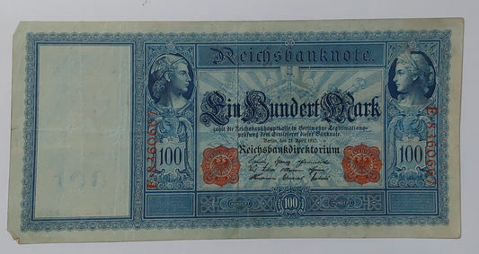 Germany 100 mark 1910 P42 series E used note Big size - ZealhobbieZ