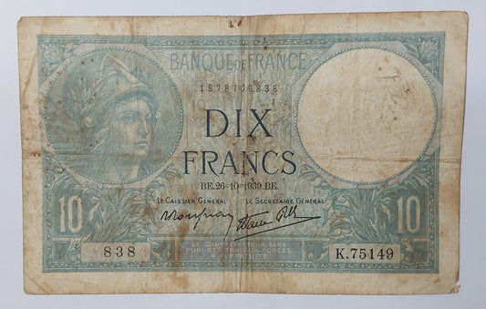 France 10 francs 26.10.1939 used ZealhobbieZ