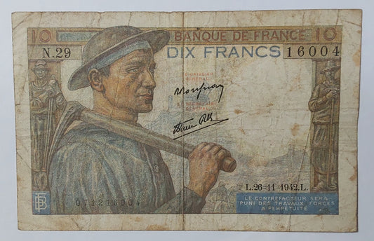 France 10 Francs 26.11.1942 P99 used ZealhobbieZ