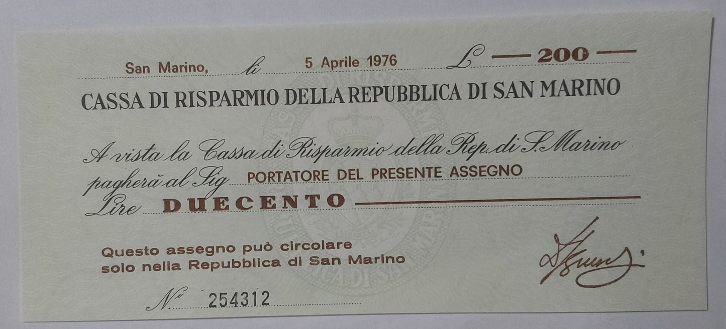 San Marino 200 Lire 1976 P-S102 UNC Rare Country - ZealhobbieZ