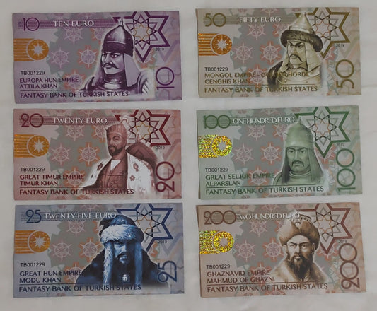 Bank of Turkish states - 10,20,25,50,100,200 Euro (Fantasy banknote) set