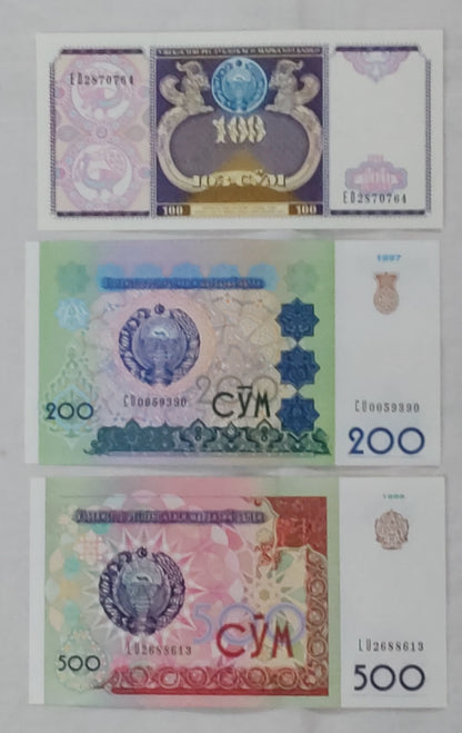 Uzabakistan 100 , 200 and 500 SOM  set