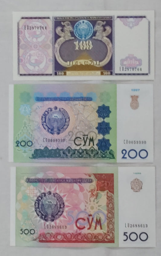 Uzabakistan 100 , 200 and 500 SOM  set
