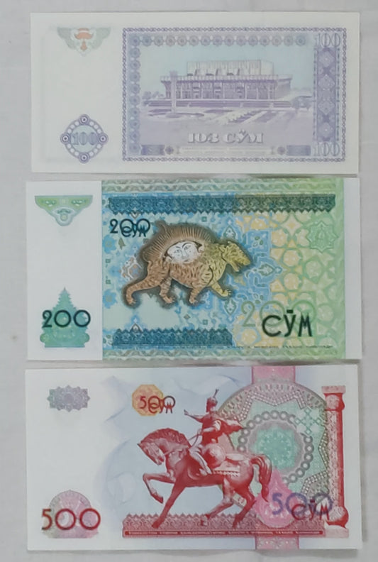Uzabakistan 100 , 200 and 500 SOM  set