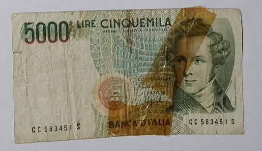 Italy 5000 Lira 1985 used DAMAGED note