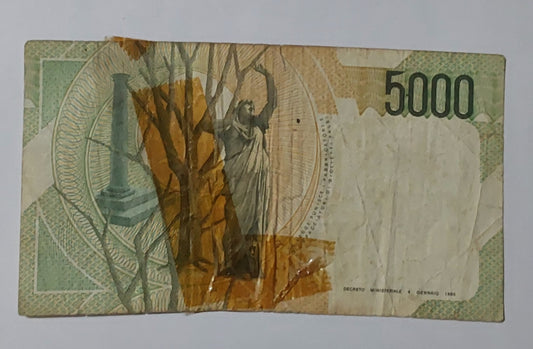 Italy 5000 Lira 1985 used DAMAGED note