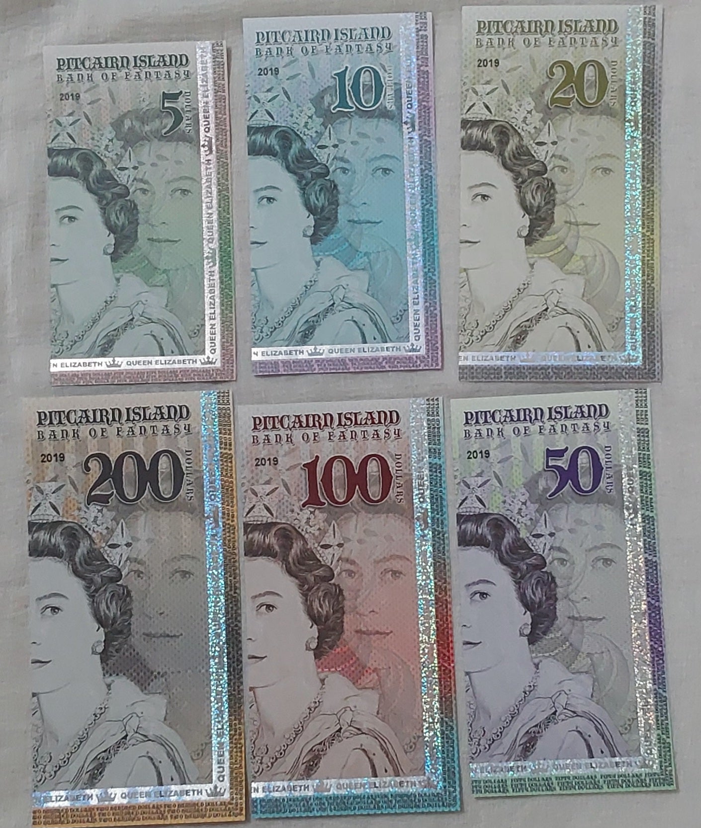 Pitcairn Island 6 notes set Fantasy note 2019 Queen Elizabeth II UNC  (not a legal tender)
