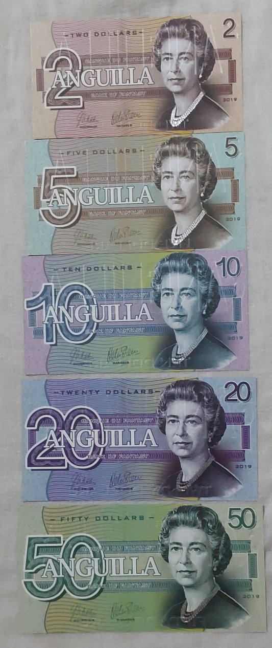 British overseas territory  Angulia 5 notes fantasy set 2019  Queen Elizabeth II UNC  (not a legal tender)