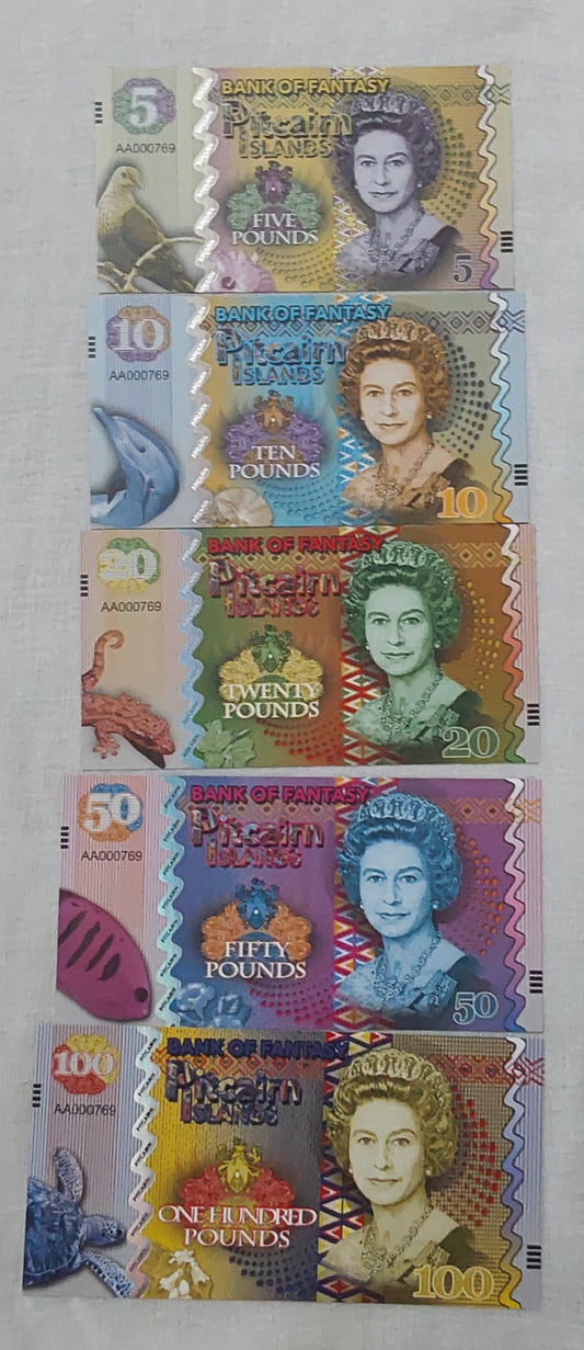 Pitcairn Island 5 notes set Fantasy note 2018 Queen Elizabeth II UNC  (not a legal tender)