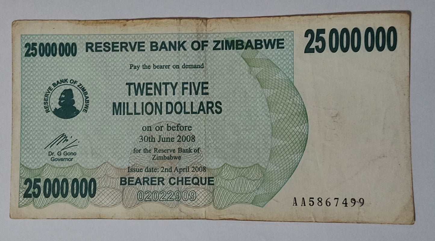 Zimbabwe 25,000,000 dollars 2008 P56 used note