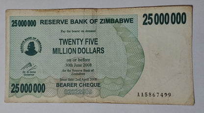 Zimbabwe 25,000,000 dollars 2008 P56 used note