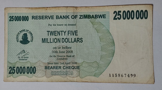 Zimbabwe 25,000,000 dollars 2008 P56 used note
