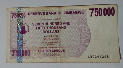 Zimbabwe 750,000 dollars 2007 P52 used note