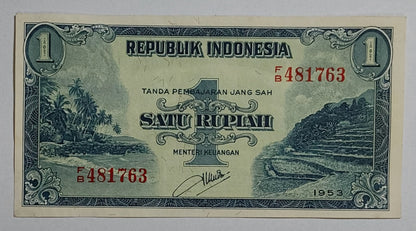 Indonesia 1 rupiah 1953 P40 UNC with stains