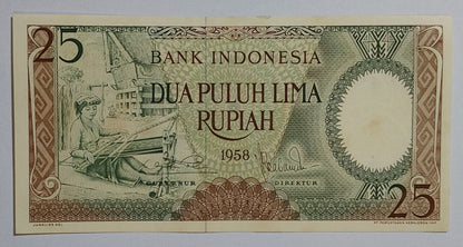 Indonesia 25 rupiah 1985 P57 UNC with stains