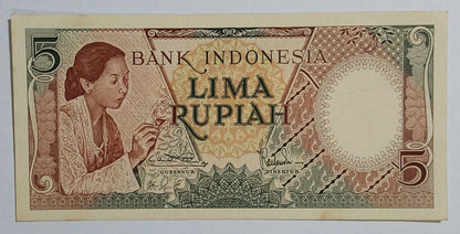 Indonesia 5 rupiah 1958 P55 UNC with stain