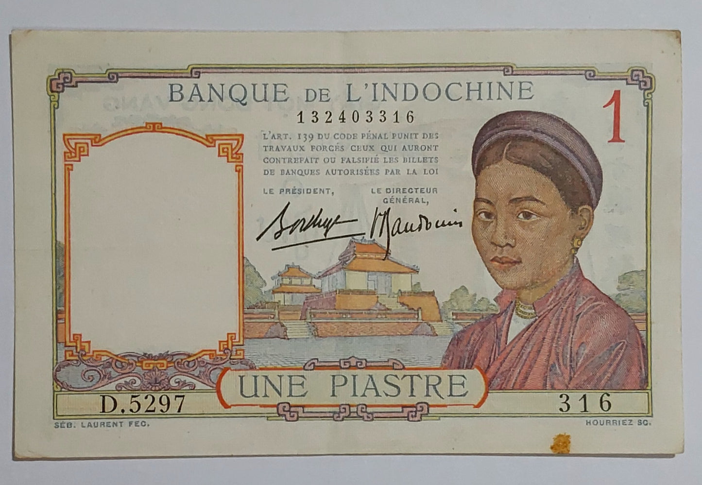 french indochina 1 piastre 1936 P54b used
