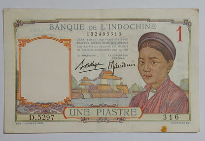 french indochina 1 piastre 1936 P54b used