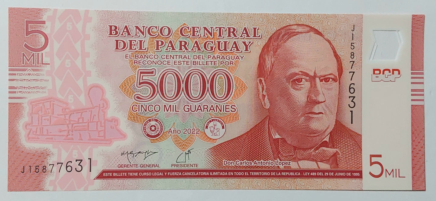 PARAGUAY 5000 GURANIES POLYMER 2022 P234  UNC