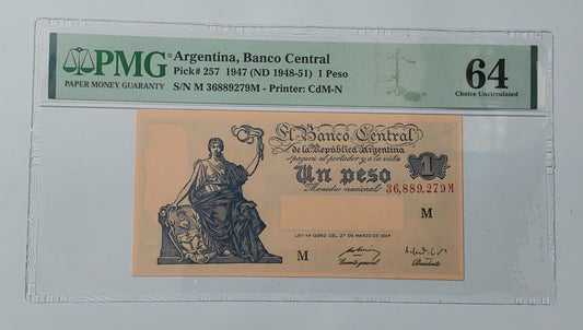 PMG Certified Argentina 1 peso 1947 P257 UNC
