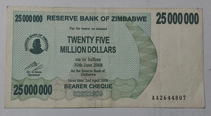 Zimbabwe 250 million dollars 2008 P59 Used 2