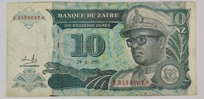 Zaire 10 Nouveaux Zaïres 1993 Used note Ending 037 P55 - ZealHobbieZ
