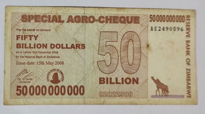 Zimbabwe 50 000 000 000 Dollars (50 Billion) (Special Agro-Cheque)Used note ending serial no:596 - ZealHobbieZ