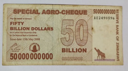 Zimbabwe 50 000 000 000 Dollars (50 Billion) (Special Agro-Cheque)Used note ending serial no:596 - ZealHobbieZ