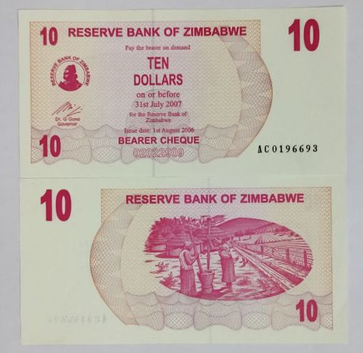 Zimbabwe 10 Dollars UNC 2007 P39 Bearer Cheque - ZealHobbieZ