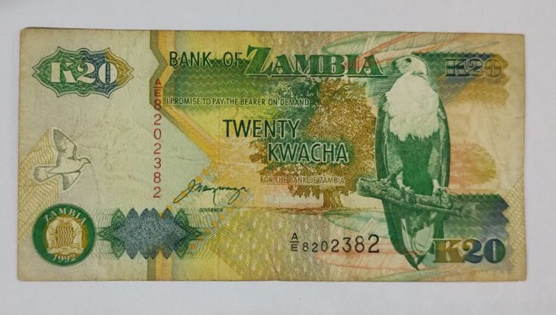 Zambia 20 Kwacha 1992 P36 Used note ending serial no:382 - ZealHobbieZ