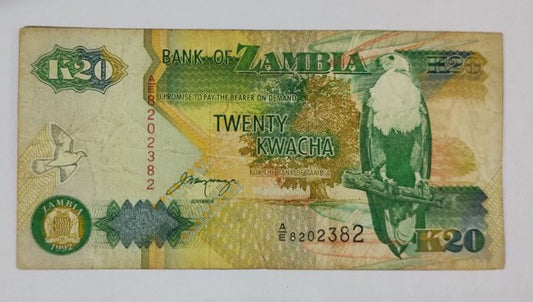 Zambia 20 Kwacha 1992 P36 Used note ending serial no:382 - ZealHobbieZ