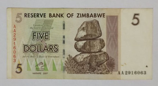 Zimbabwe 5 Dollars 2007 P66 "AA" Used note ending serial no:063 - ZealHobbieZ