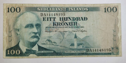 Iceland 100 Krónur (Seðlabanki Íslands) 1961 P44 Used note serial number ending 195 - ZealHobbieZ