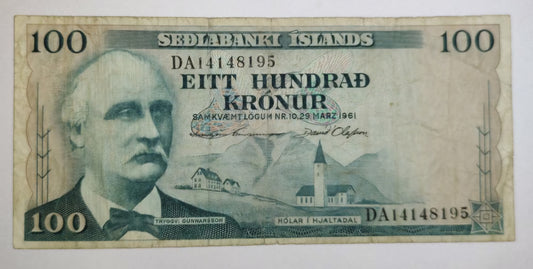 Iceland 100 Krónur (Seðlabanki Íslands) 1961 P44 Used note serial number ending 195 - ZealHobbieZ